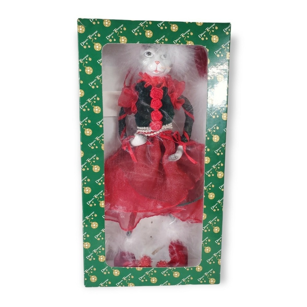 Vintage Dillards Trimmings Porcelain Cat in Red Dress‎ Christmas Decor holiday